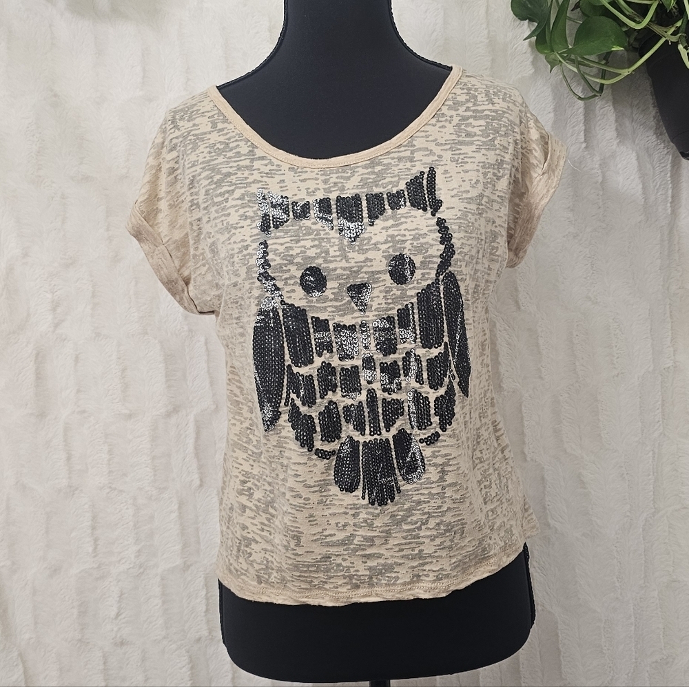Owl Print Beige Kids Short Sleeve Tee
